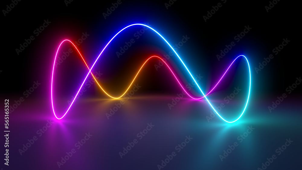 Sci Fy neon glowing wave lines in a dark hall. Reflections on the floor. Empty background in the center. 3d rendering image. Abstract glowing lines. Techology futuristic background. Sci Fy neon glowing wave lines in a dark hall. Reflections on the floor. Empty background in the center. 3d rendering image. Abstract glowing lines. Techology futuristic background.