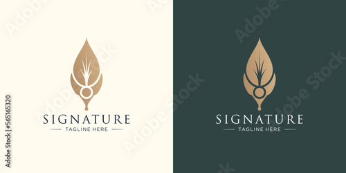 creative of feather logo template combined with peacock feather ink. signature quill pen writer.