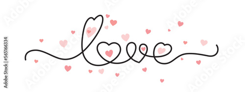 Love. Continuous line script calligraphy text love. Lettering vector illustration for Valentine's Day, wedding. Hand drawn word - love with line hearts letters