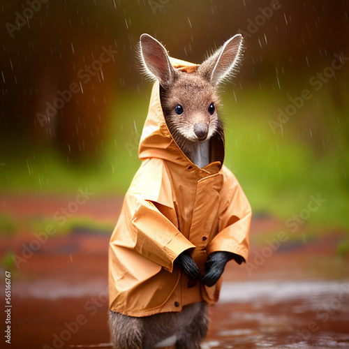 Kangaroo joey in a raincoat