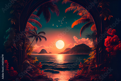 Evening on the beach with palm trees. An evening on the beach with palm trees. Colorful picture for rest. Blue palm trees at sunset. Orange sunset in the blue sky. Vector illustration. Ai generated