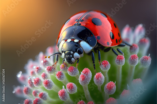 adorable ladybug on the flower. Selective focus. Macro view. Cute.