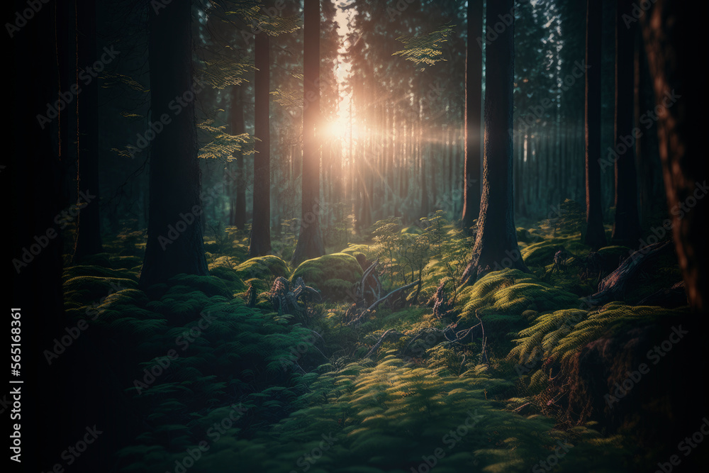 Sunrise in a forest aesthetic background, witchcraft magic wallpaper AI Generated