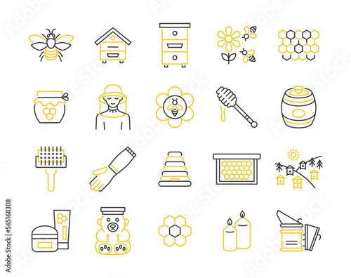 Beekeeping line icon set. Vector collection sign with bee, hive, honey, beekeeper,equipment, apiary, barrel.