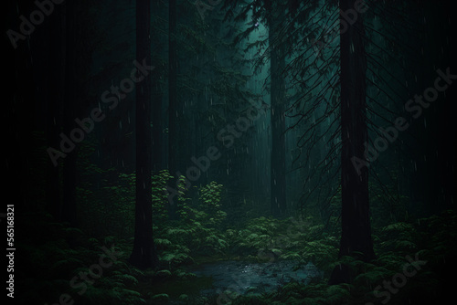 Dark forest rainy aesthetic background  witchcraft magic wallpaper AI Generated