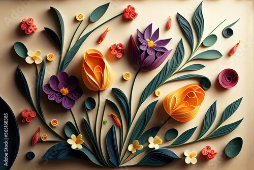 Quilled paper art Flowers Spring Theme - generative AI art