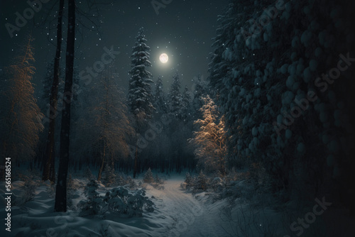 Dark winter forest, moon light aesthetic background, witchcraft magic wallpaper AI Generated