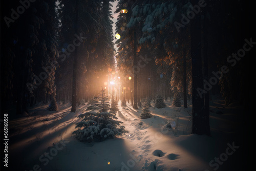 Sunrise in a winter forest aesthetic background, witchcraft magic wallpaper AI Generated