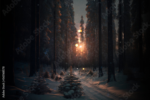Sunrise in a winter forest aesthetic background, witchcraft magic wallpaper AI Generated © Belus