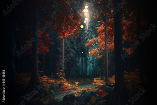 Dark fall forest aesthetic background, witchcraft magic nature wallpaper AI Generated © Belus