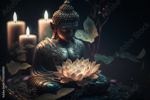 Leinwand Poster buddha statue and lotus flower. Generative AI