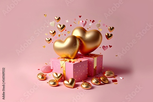 San Valentín, día de los enamorados. Cajas de regalos y globos en forma de corazón dorados con confites alrededor. Fondo rosa. Generado con tecnología de IA  photo