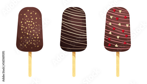 A set of chocolate ice creams on a stick doused with powder and decorated. Frozen sweetness. Cream. Vector stock illustration. isolated. Food. Cartoon. Nuts and sweetheart hearts