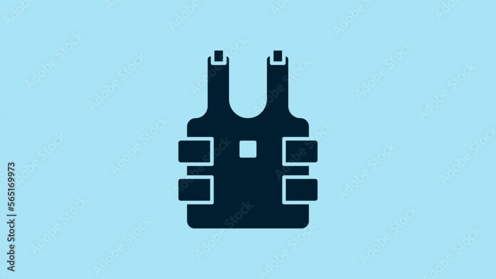 Blue Bulletproof vest for protection from bullets icon isolated on blue background. Body armor sign. Military clothing. 4K Video motion graphic animation Blue Bulletproof vest for protection from bullets icon isolated on blue background. Body armor sign. Military clothing. 4K Video motion graphic animation