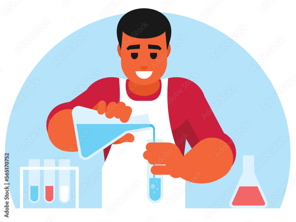 Chemistry lesson. Chemistry teacher pours a chemical mixture from flask to flask. Vector graphics