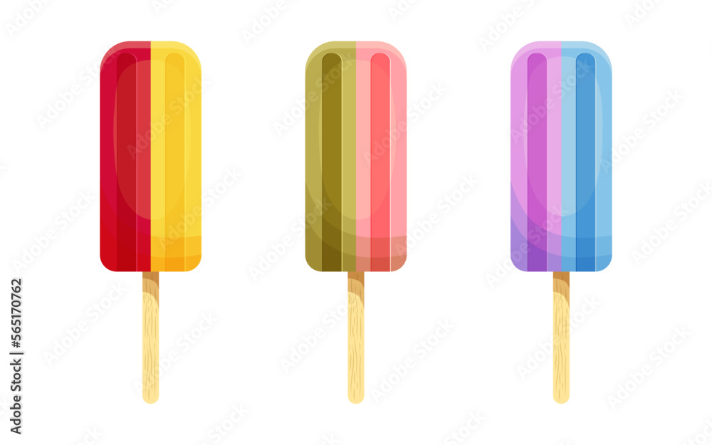 Frozen sweet ice multi-colored on a wooden stick. Food for children in the heat. Vector stock illustration. isolated. Cartoon. Set Frozen sweet ice multi-colored on a wooden stick. Food for children in the heat. Vector stock illustration. isolated. Cartoon. Set