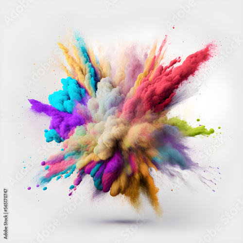 Colored powder explosion on white background. Abstract closeup dust on backdrop. Colorful explode. Paint holi