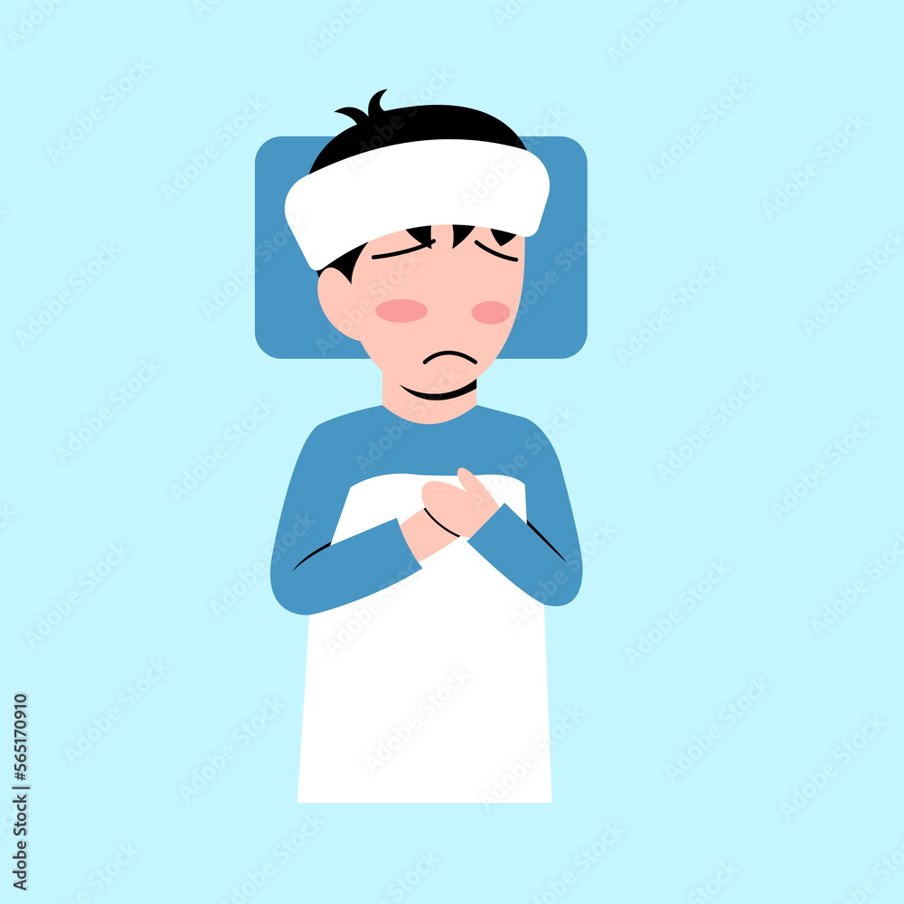 Little Boy Character Sick On Bed Little Boy Character Sick On Bed
