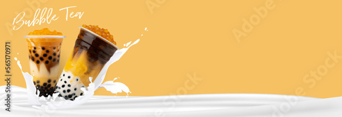 Bubble milk tea, Pearl milk tea , Different sorts of Boba. Yummy drinks. Ads with delicious tapioca. Restaurant cafe menu, template design.