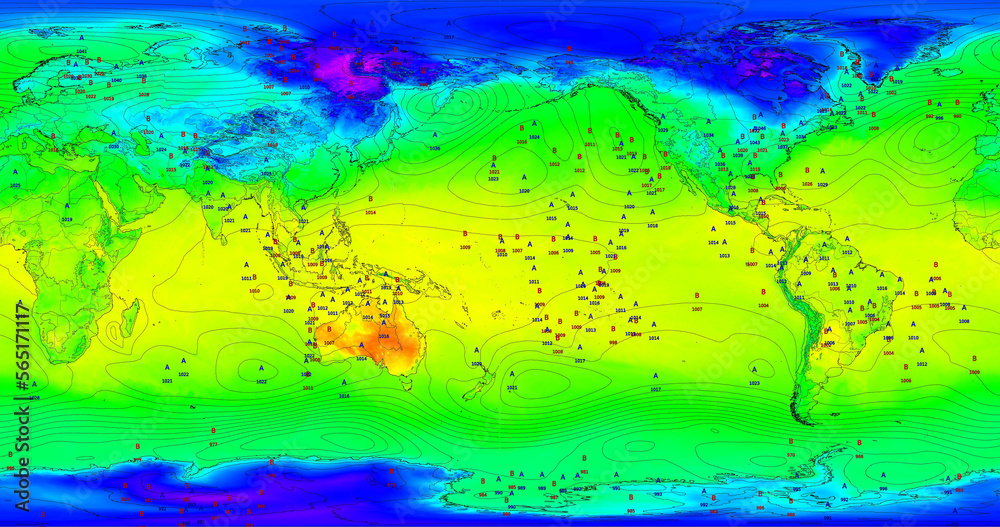 Mapa meteorológico global con centro en el Pacífico, temperaturas y presión atmosférica con etiquetas de nivel. - obrazy, fototapety, plakaty 