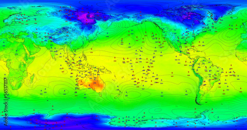 Mapa meteorológico global con centro en el Pacífico, temperaturas y presión atmosférica con etiquetas de nivel. photo