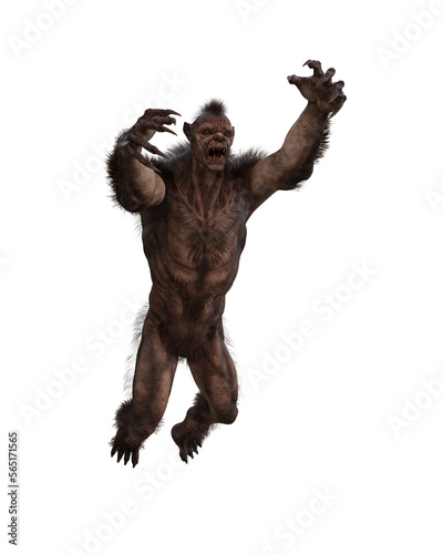 Werewolf mythical fantasy wolfman creature leaping forward with outstretched arms. Isolated 3D illustration.