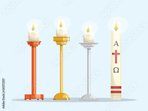 Easter candle and different candlesticks. Wood, gold and silver. Paschal season