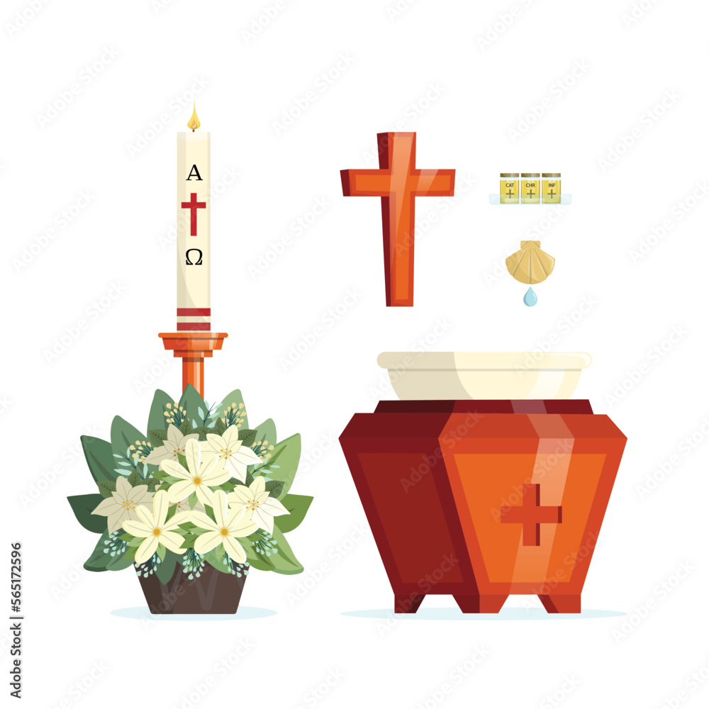 Baptism sacrament. Baptismal font, cross, chrism oils, shell and a