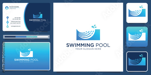creative of swimming pool logo design with business card design illustration.