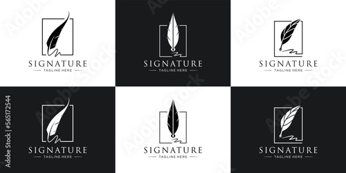 feather ink logo icon set.  symbol signature feather logo with frame square line concept with black and white background.