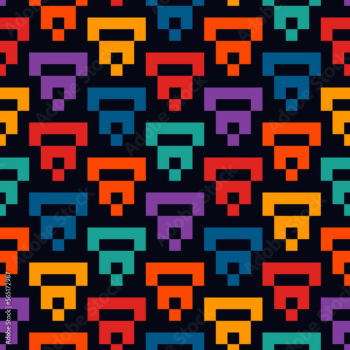 Geometric pixel art seamless pattern. Retro arcade game motif geo print. Repeated arcs, brackets background