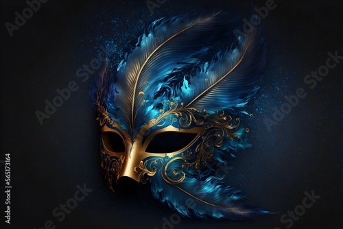 Realistic luxury carnival mask with gold dust, and light. Generative AI.