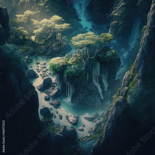 A waterfall In A Majestic Ancient Fantasy Forest - Birds View