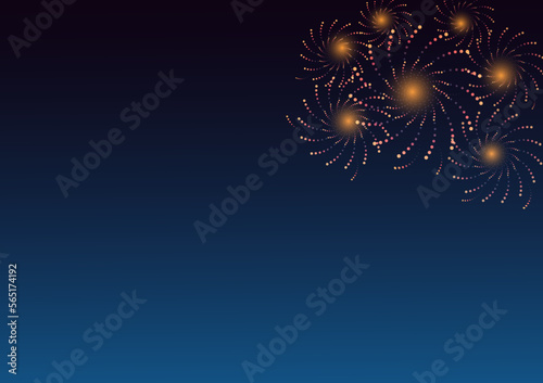 Orange fireworks with holiday celebration symbols on the right of the blue and black color background, empty space for display logo and content, creative design vector illustration.