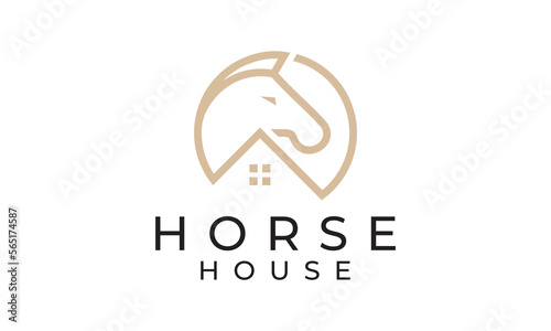 horse with house logo. minimalist horse head with circle linear style symbol design inspiration.