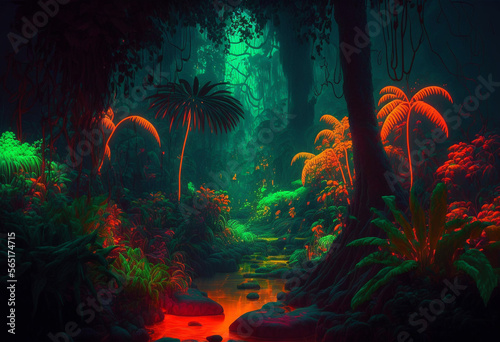 Ai-Generated Render of the Magnificent Neon Jungle: A Vibrant 3D Paradise of Colorful Foliage, Tropical Animals, and Lush Rainforest Streams
