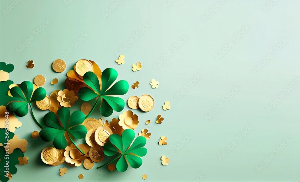 Fondo color verde menta con tréboles y monedas de oro. Día de San Patricio. Generado con tecnología de IA - obrazy, fototapety, plakaty 
