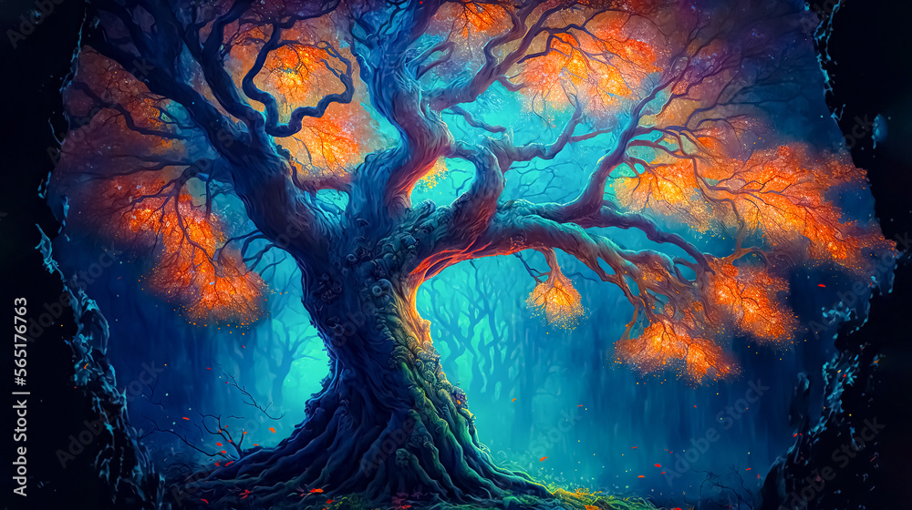 Fairy tree, old magical tree with big branches and orange leaves. Mystical forest, digital art, generative ai - obrazy, fototapety, plakaty 