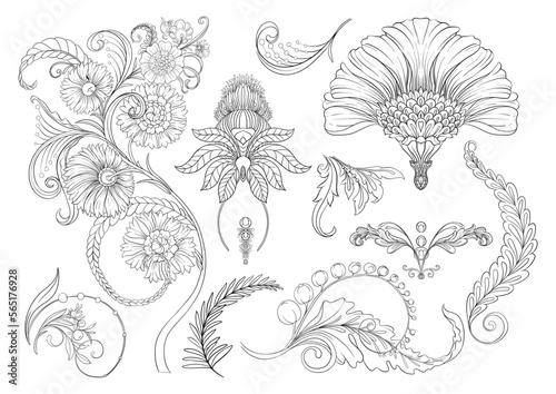 Decorative flowers and leaves in art nouveau style, vintage, old, retro style. Vector illustration. Clip art, set of elements for design