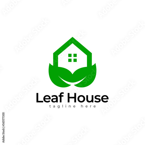 Leaf house logo template. Green house logo design. Nature or agriculture logo. Vector illustration