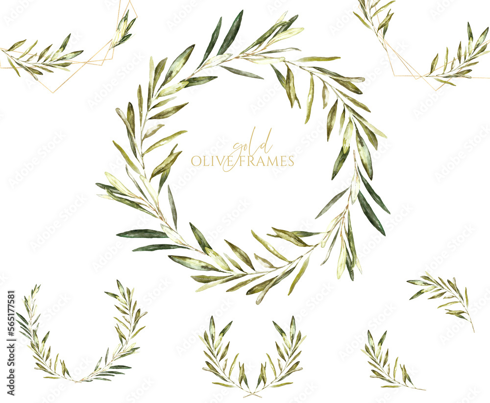 Watercolor greenery olive wreaths set. Botanical frames, wreaths, border, banner. Olive Wedding frames, botanical green wedding stationery invitaion, card design, print, printable Watercolor greenery olive wreaths set. Botanical frames, wreaths, border, banner. Olive Wedding frames, botanical green wedding stationery invitaion, card design, print, printable