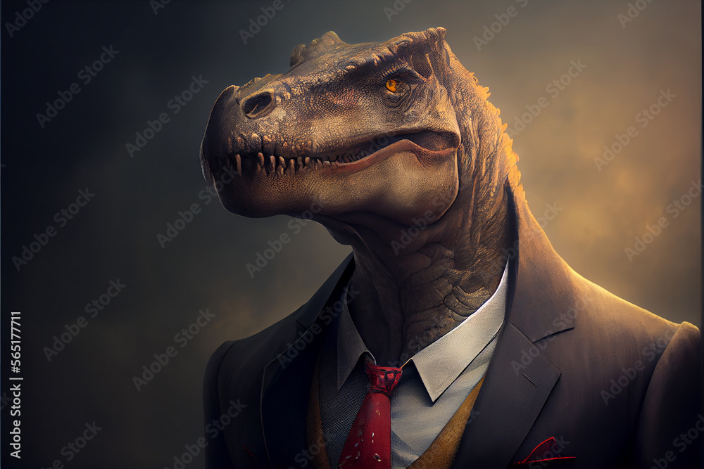 Seriöses realistisches Portrait eines Dinosaurier im Business Anzug mit dunklem Hintergrund Seriöses realistisches Portrait eines Dinosaurier im Business Anzug mit dunklem Hintergrund