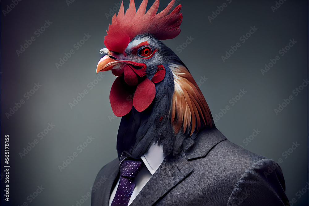 Seriöses realistisches Portrait eines Gockelhahnss im Business Anzug mit dunklem Hintergrund