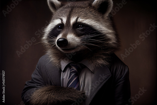 Seriöses realistisches Portrait eines Waschbären im Business Anzug mit dunklem Hintergrund © Kurosch