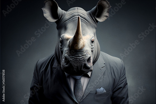 Seriöses realistisches Portrait eines Nashorns im Business Anzug mit dunklem Hintergrund