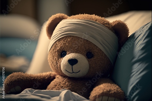 Sick Teddy lying in hospital bed with bandages, Generative AI