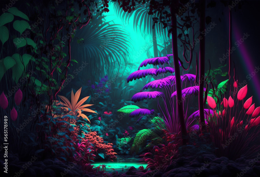 A Vibrant 3D Neon Jungle: Exploring the AI-Generated Wilderness of Exotic Fauna and Flora