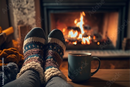 legs in woolen socks near the fireplace created with Generative AI technology