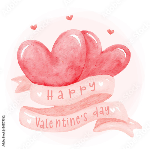 cute watercolour two hearts in pink ribbon bow banner label Happy Valentine greeting card, illustration vector hand painting