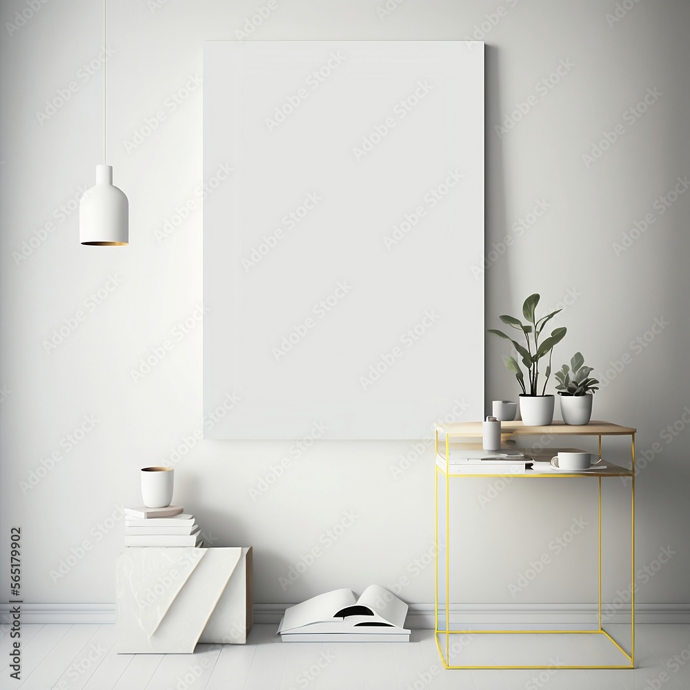 Painting on the wall mockup, space for display, light white wall, generative ai Painting on the wall mockup, space for display, light white wall, generative ai